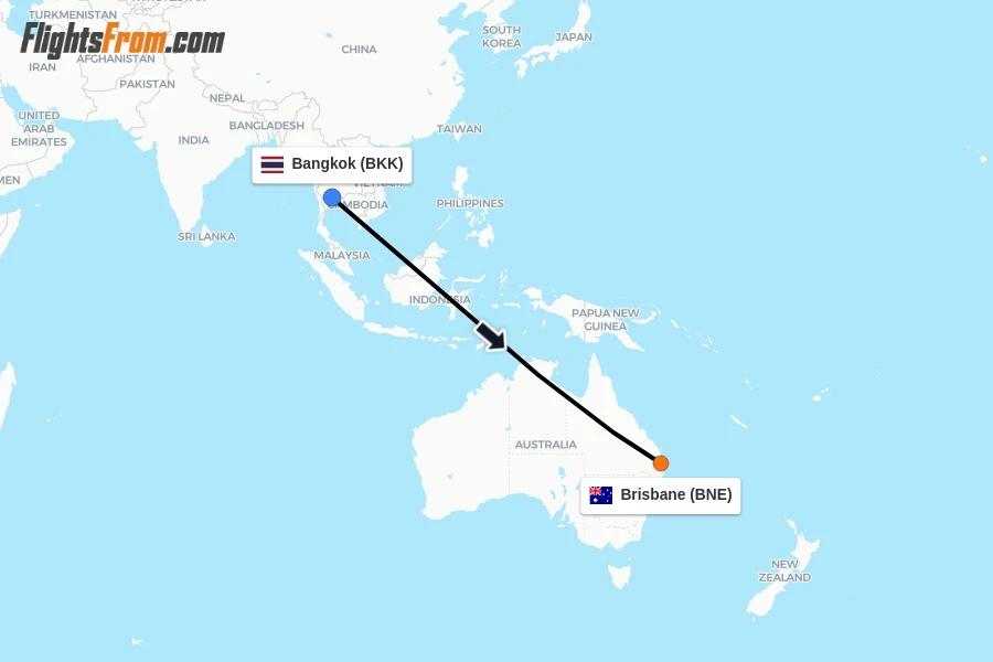 Flights from Bangkok to Brisbane route map