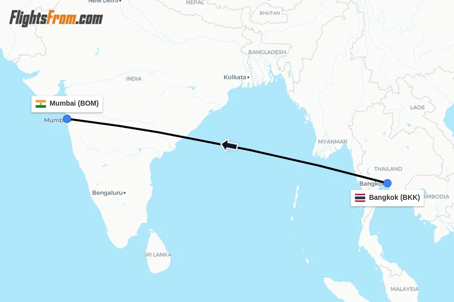 Flights from Bangkok to Mumbai route map