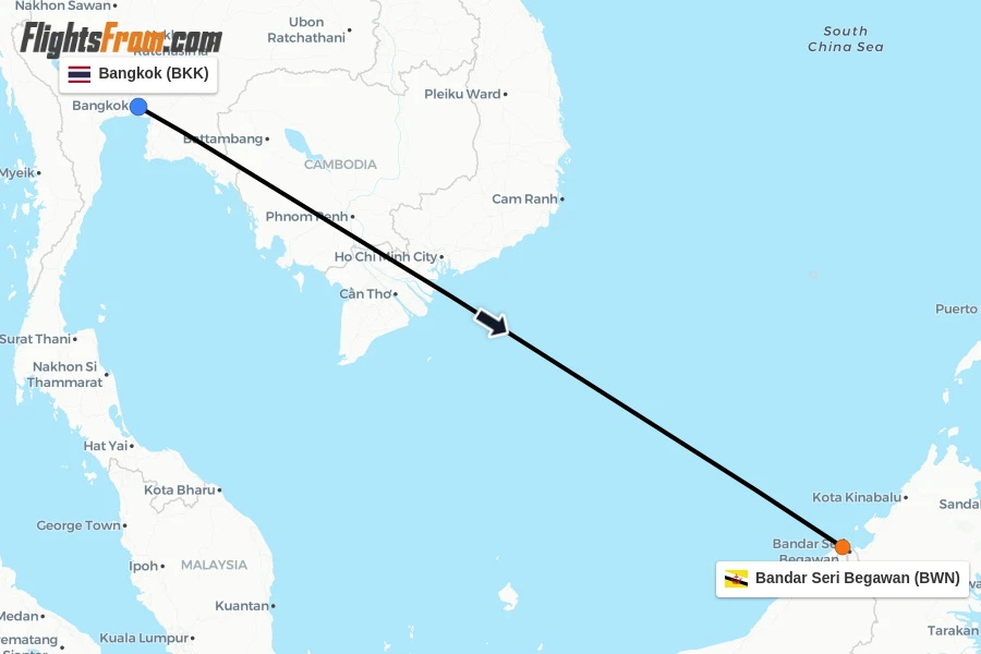 Flights from Bangkok to Bandar Seri Begawan route map