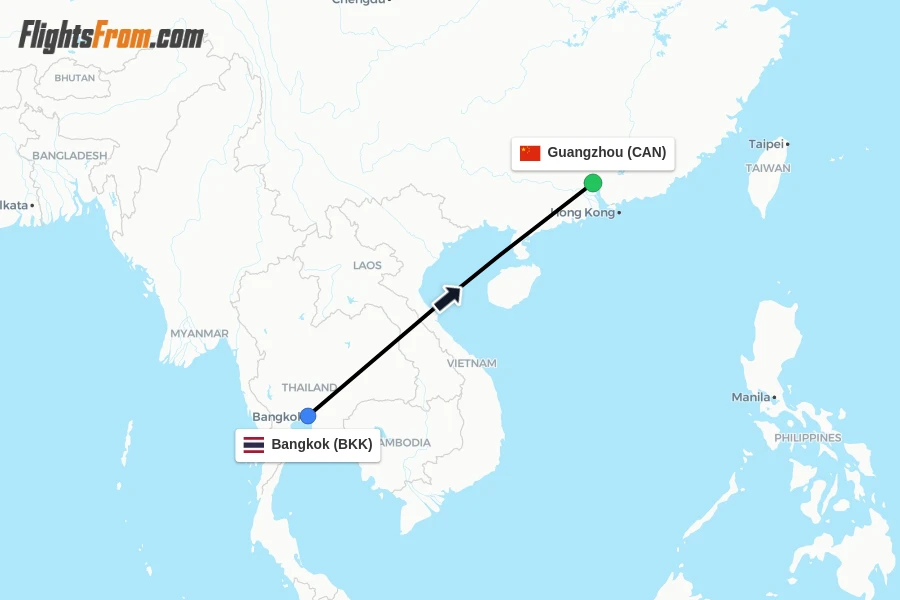 Flights from Bangkok to Guangzhou route map