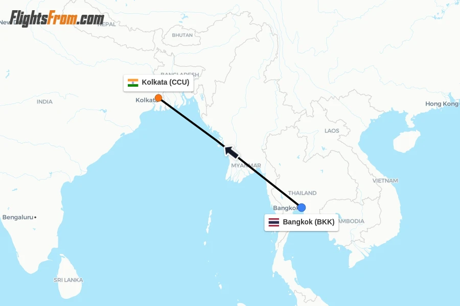 Flights from Bangkok to Kolkata route map