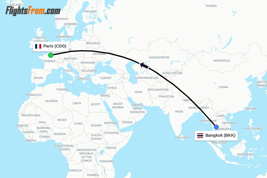 Flights from Bangkok to Paris route map