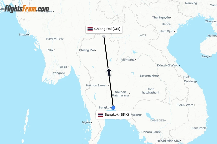 Flights from Bangkok to Chiang Rai route map