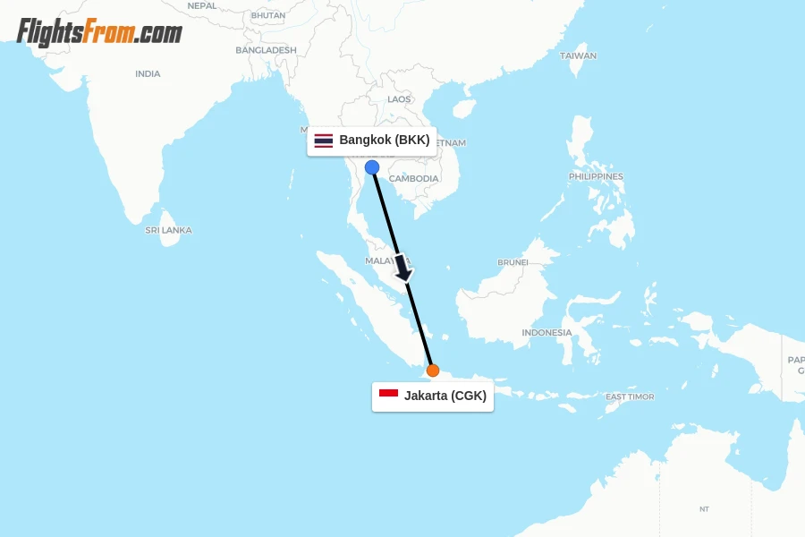 Flights from Bangkok to Jakarta route map