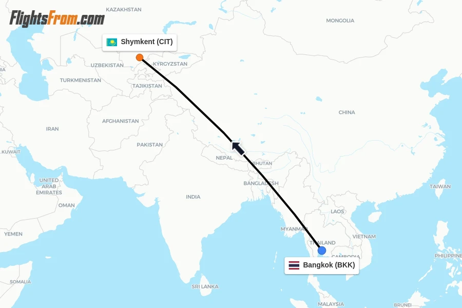 Flights from Bangkok to Shymkent route map