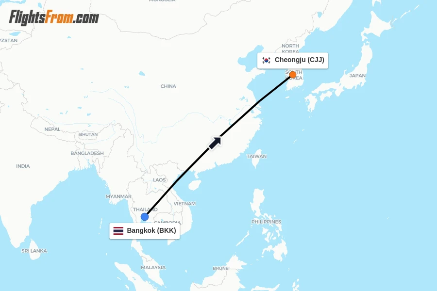 Flights from Bangkok to Cheongju route map