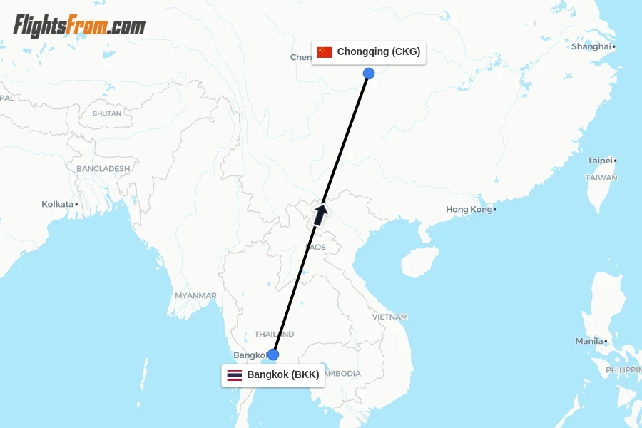 Flights from Bangkok to Chongqing route map