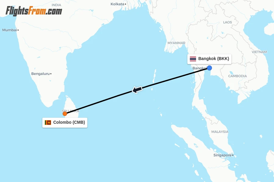 Flights from Bangkok to Colombo route map