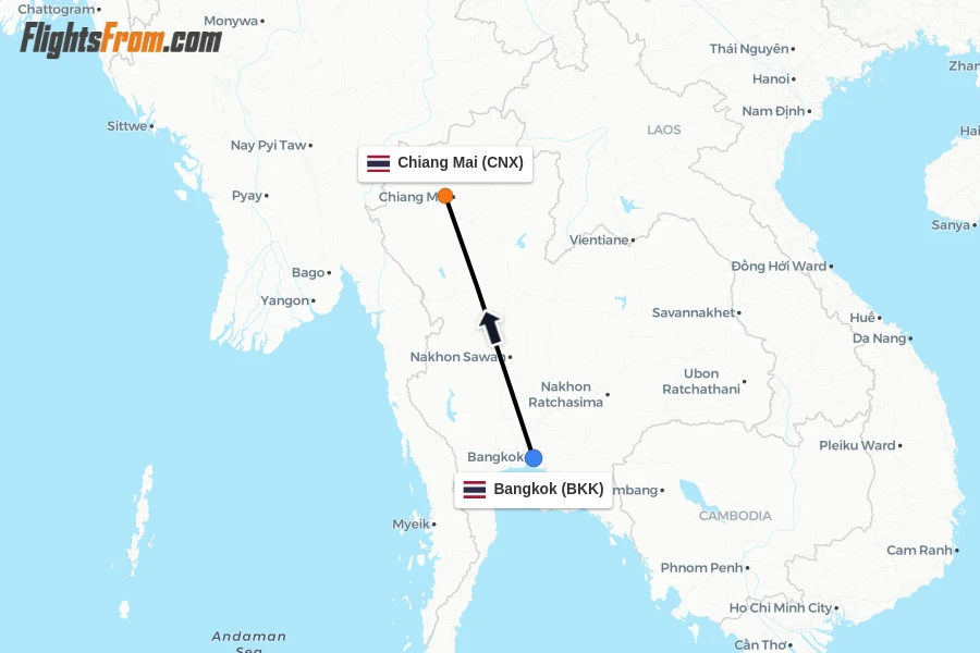 Flights from Bangkok to Chiang Mai route map