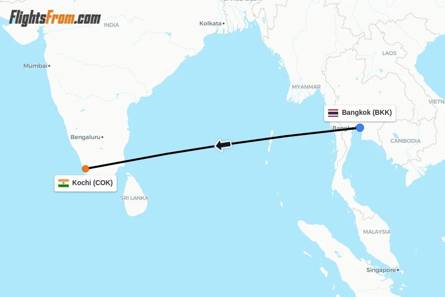 Flights from Bangkok to Kochi route map