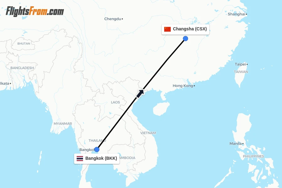 Flights from Bangkok to Changsha route map