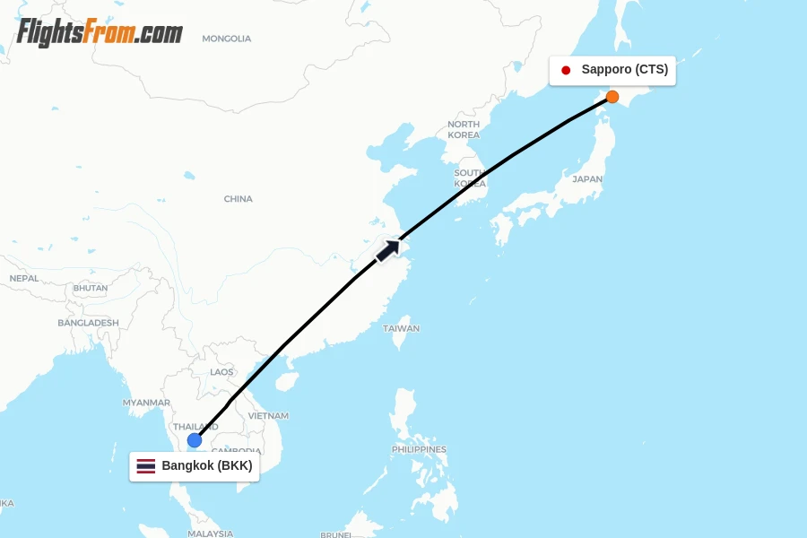 Flights from Bangkok to Sapporo route map