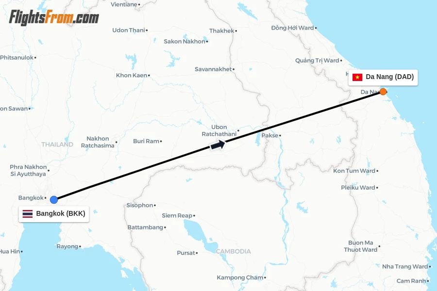 Flights from Bangkok to Da Nang route map