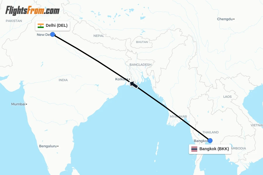 Flights from Bangkok to Delhi route map
