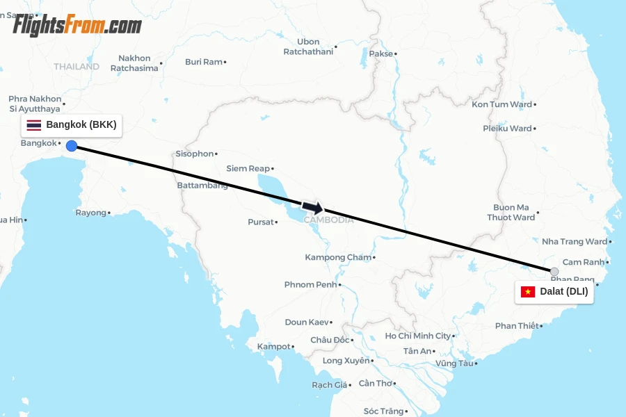 Flights from Bangkok to Dalat route map