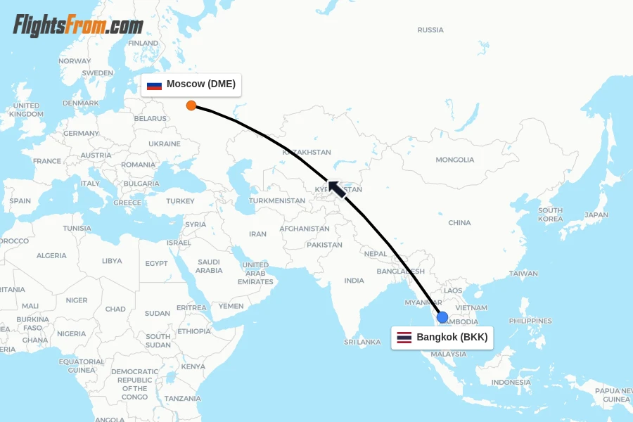 Flights from Bangkok to Moscow route map