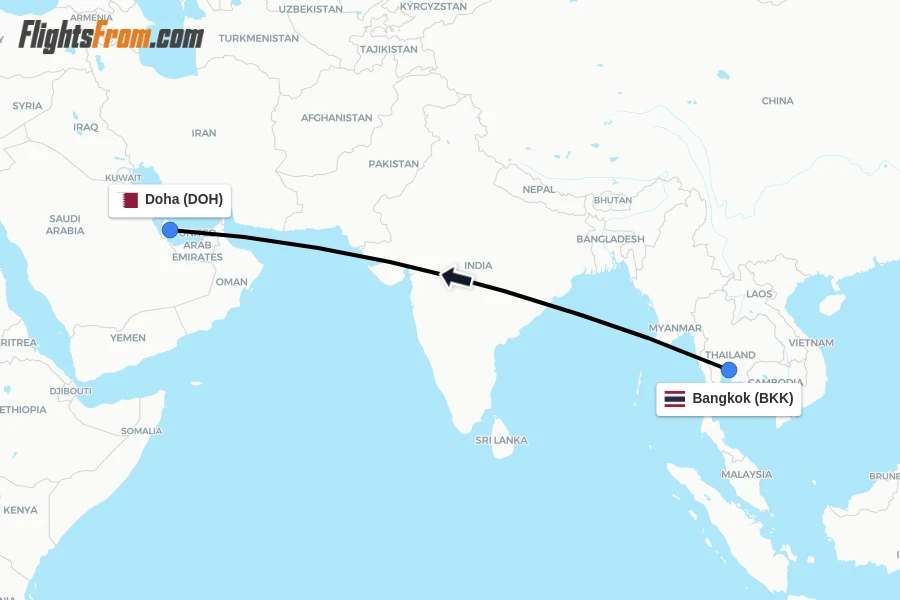 Flights from Bangkok to Doha route map