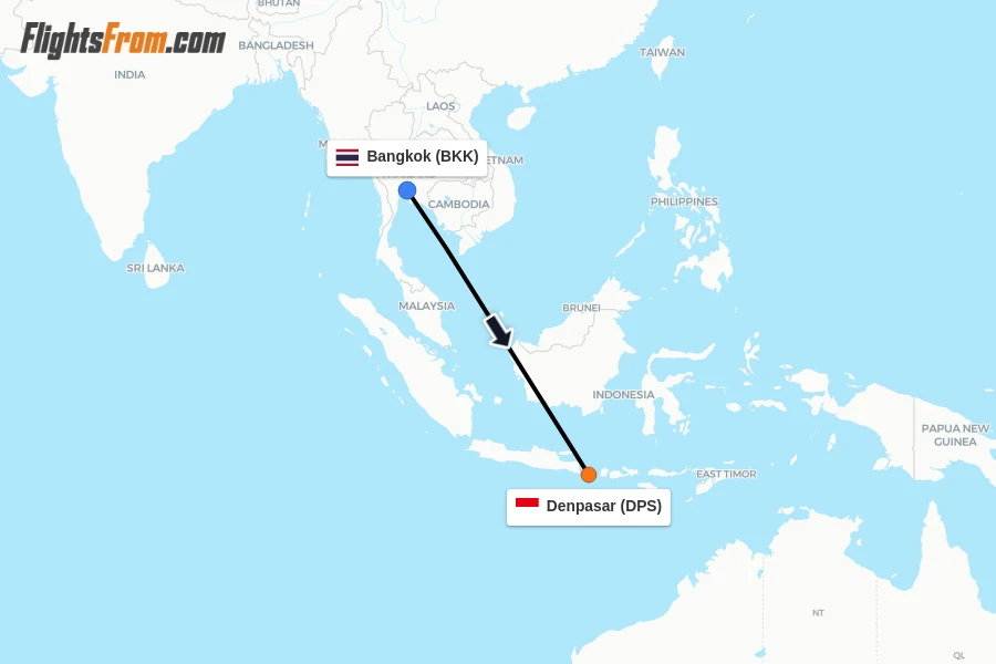 Flights from Bangkok to Denpasar route map