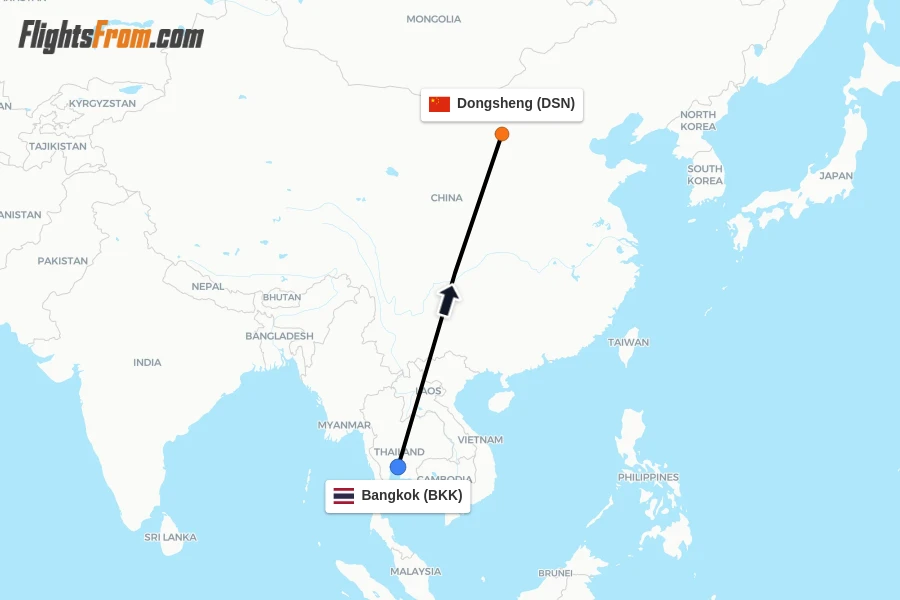 Flights from Bangkok to Dongsheng route map