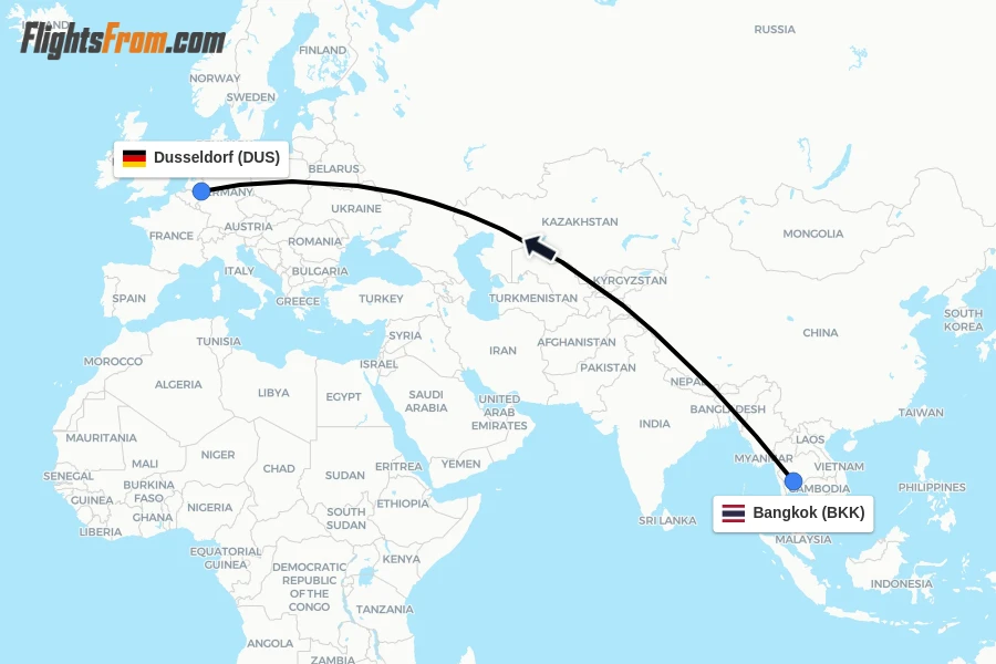 Flights from Bangkok to Dusseldorf route map