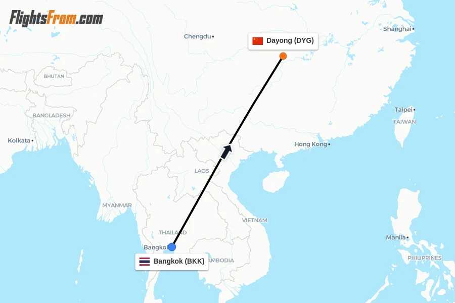 Flights from Bangkok to Dayong route map