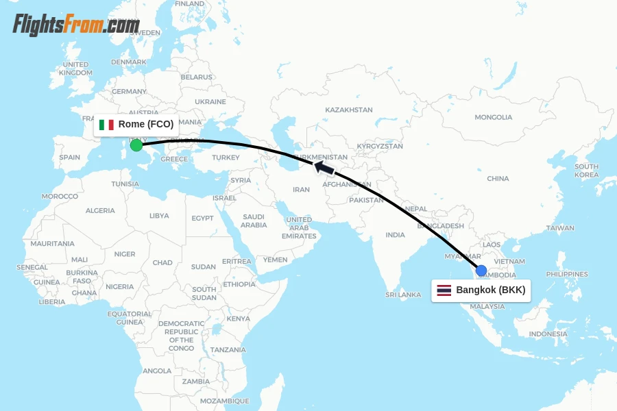 Flights from Bangkok to Rome route map