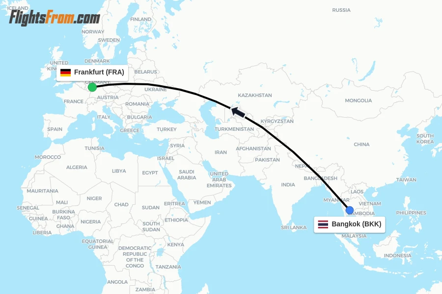 Flights from Bangkok to Frankfurt route map
