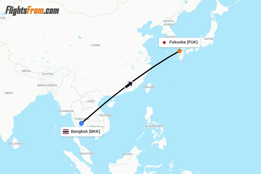 Flights from Bangkok to Fukuoka route map