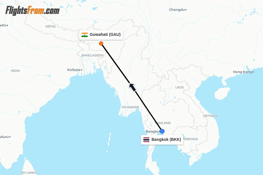 Flights from Bangkok to Guwahati route map