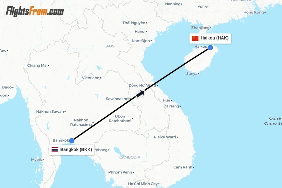 Flights from Bangkok to Haikou route map