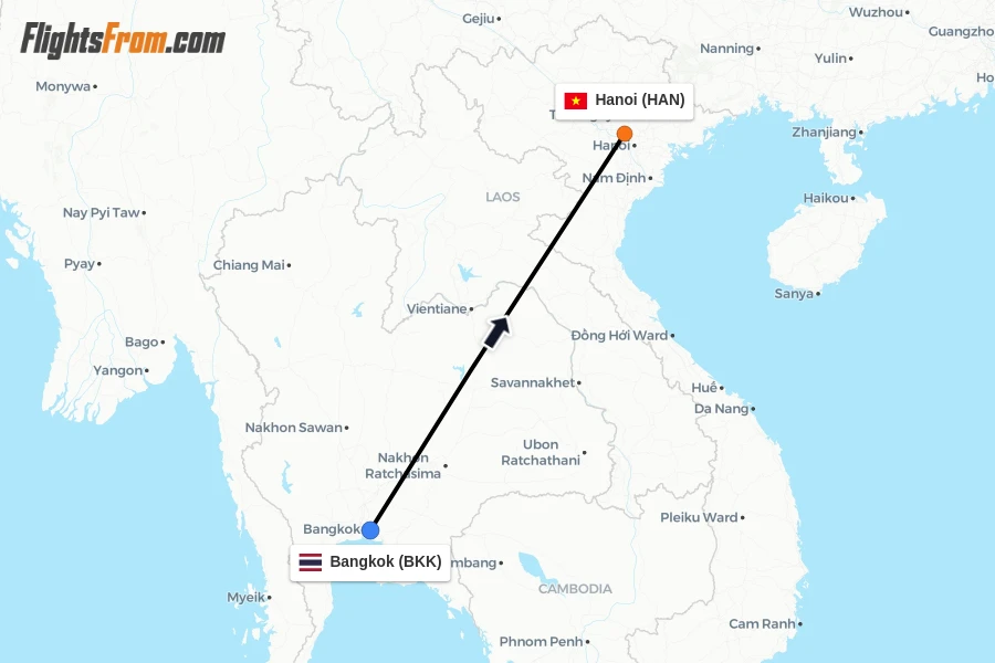 Flights from Bangkok to Hanoi route map