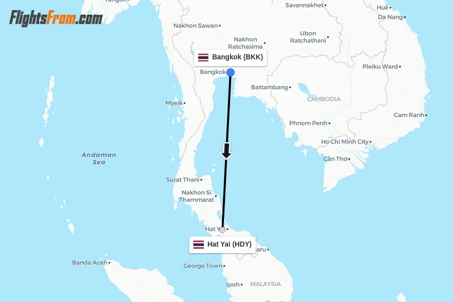 Flights from Bangkok to Hat Yai route map