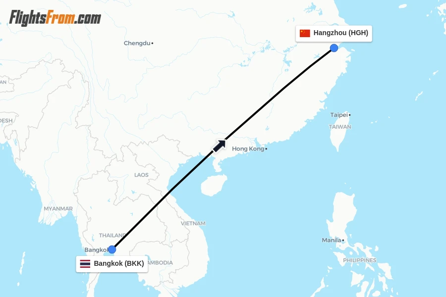 Flights from Bangkok to Hangzhou route map