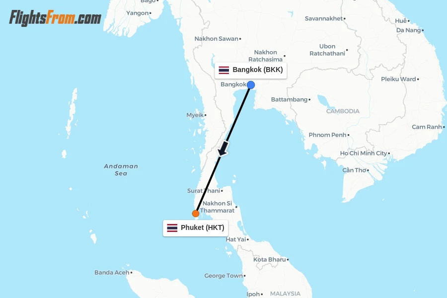 Flights from Bangkok to Phuket route map