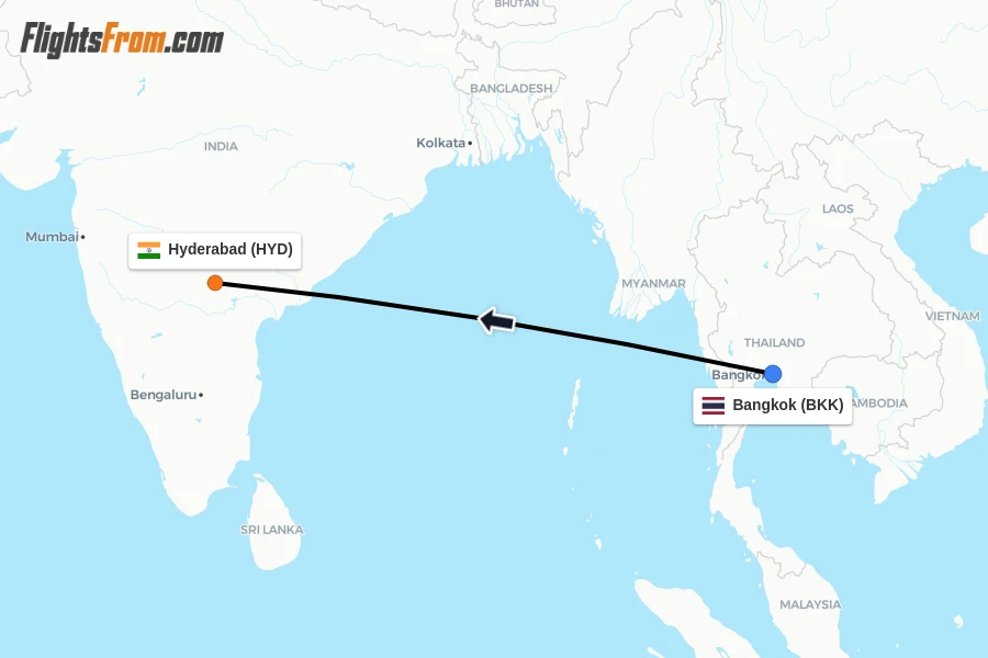 Flights from Bangkok to Hyderabad route map