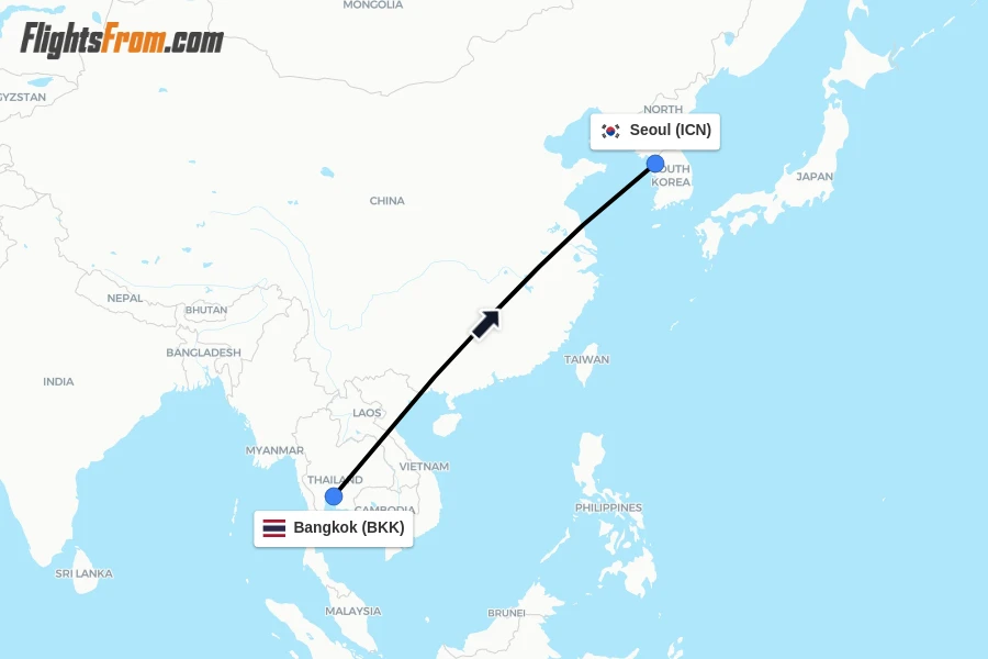 Flights from Bangkok to Seoul route map