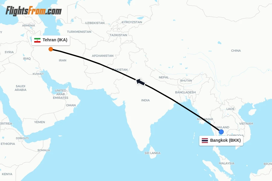 Flights from Bangkok to Tehran route map