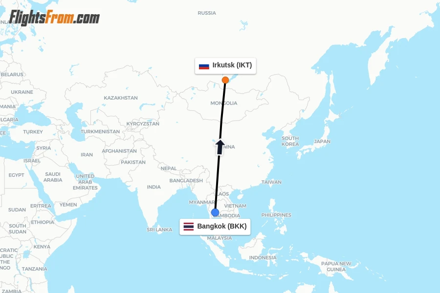 Flights from Bangkok to Irkutsk route map