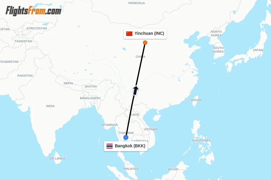 Flights from Bangkok to Yinchuan route map