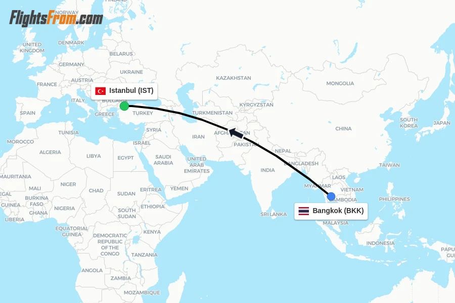Flights from Bangkok to Istanbul route map