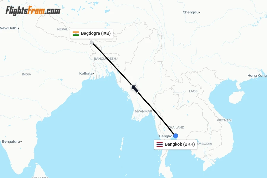Flights from Bangkok to Bagdogra route map