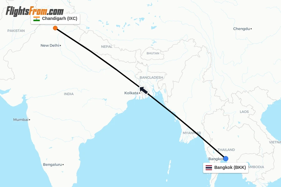 Flights from Bangkok to Chandigarh route map