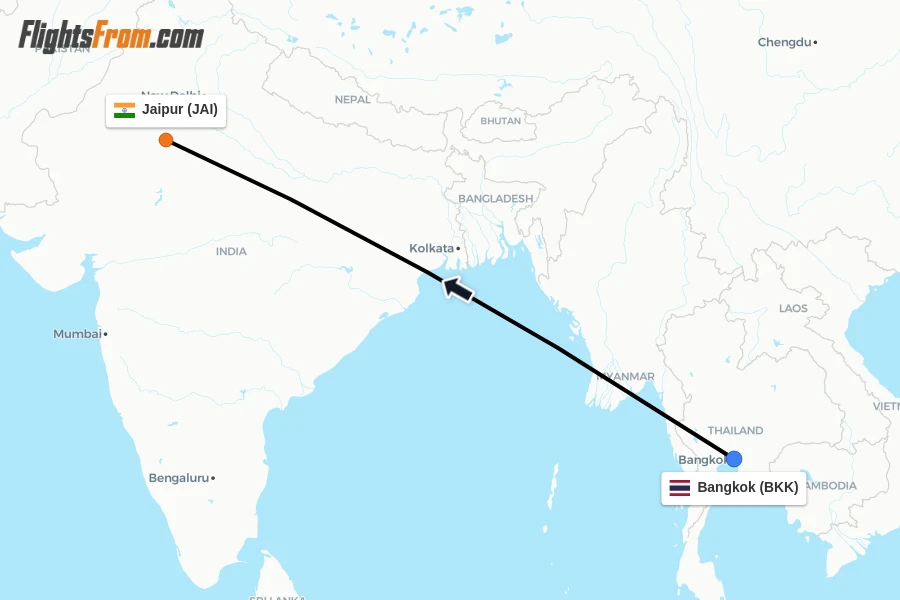 Flights from Bangkok to Jaipur route map