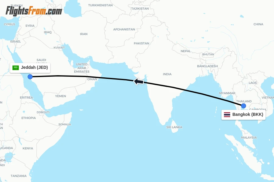 Flights from Bangkok to Jeddah route map