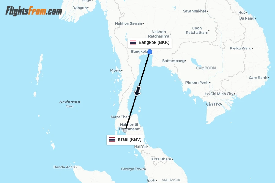 Flights from Bangkok to Krabi route map