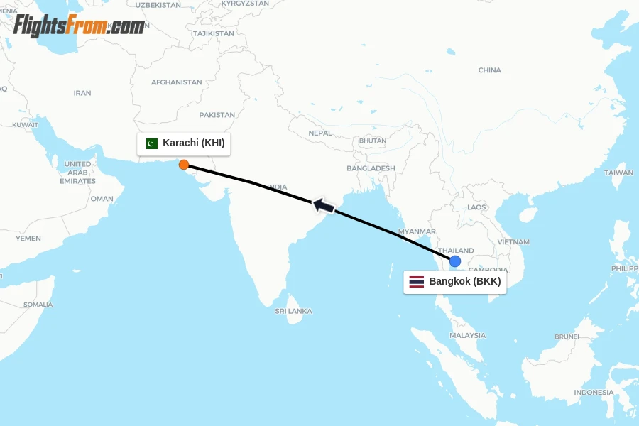 Flights from Bangkok to Karachi route map