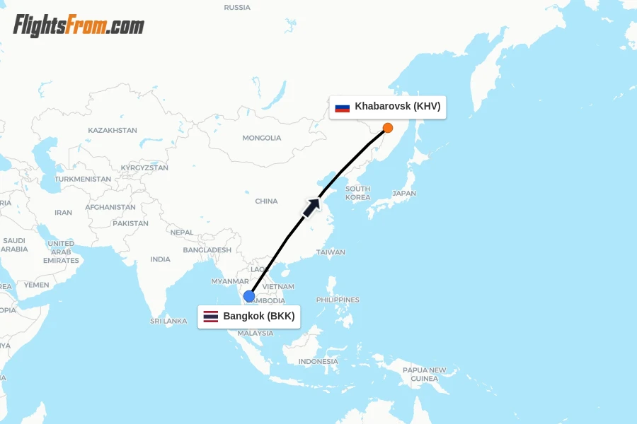 Flights from Bangkok to Khabarovsk route map