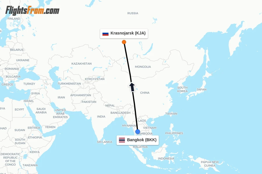 Flights from Bangkok to Krasnojarsk route map