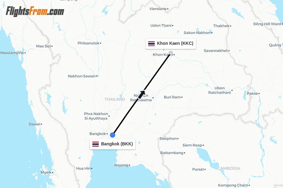 Flights from Bangkok to Khon Kaen route map