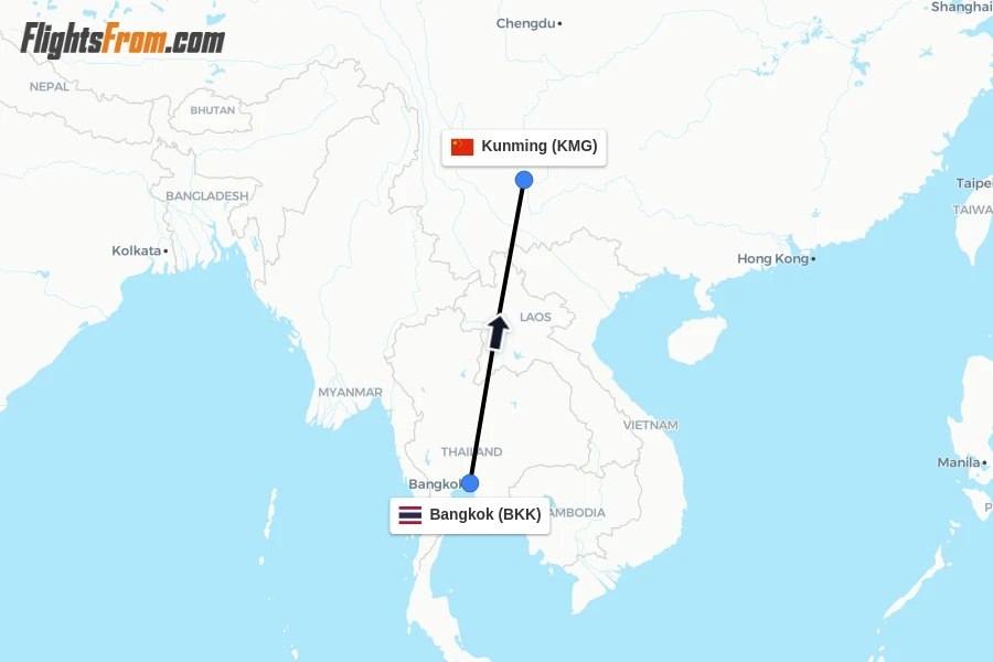 Flights from Bangkok to Kunming route map